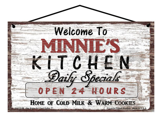 Minnie Kitchen Sign - Welcome to Minnie's Kitchen Daily Specials Open 24 Hours Home of Cold Milk and Warm Cookies