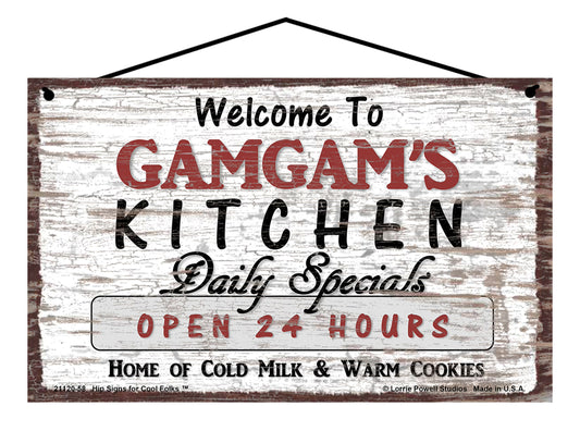 GamGam Kitchen Sign - Welcome to GamGam's Kitchen Daily Specials Open 24 Hours Home of Cold Milk and Warm Cookies