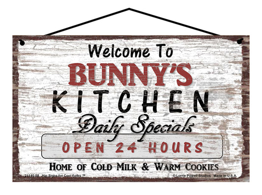 Bunny Kitchen Sign - Welcome to Bunny's Kitchen Daily Specials Open 24 Hours Home of Cold Milk and Warm Cookies