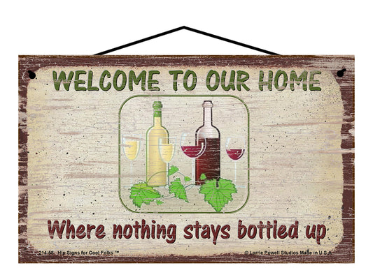 Welcome To Our Home Where Nothing Stays Bottled Up - Vintage Style Wine Sign