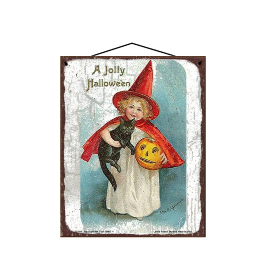 A Jolly Hallowe'en - Witch Black Cat Jack-O-Lantern - Vintage Style Halloween Sign