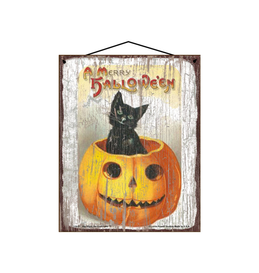 A Merry Hallowe'en - Black Cat Coming Out Of Pumpkin - Vintage Style Halloween Sign