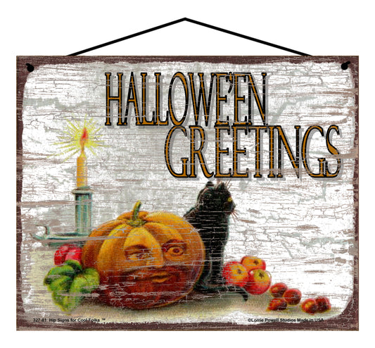 Hallowe'en Greetings - Pumpkin with Cat - Vintage Style Halloween Sign