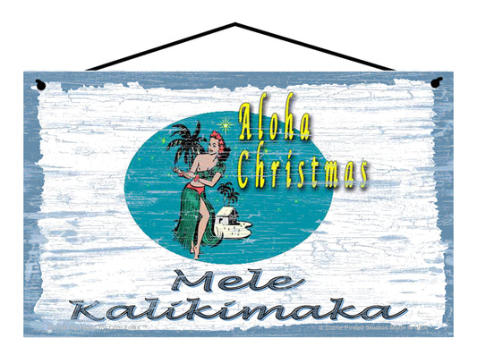 Aloha Christmas Mele Kalikimaka (Hula Dancer) - Vintage Style Holiday Sign