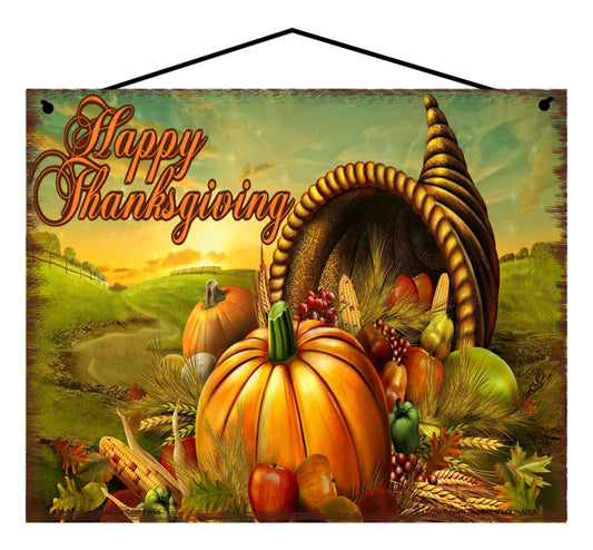 8x10 Happy Thanksgiving Cornucopia - Vintage Style Holiday Sign