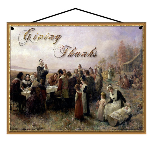 8x10 Giving Thanks with Pilgrims - Vintage Style Holiday Sign