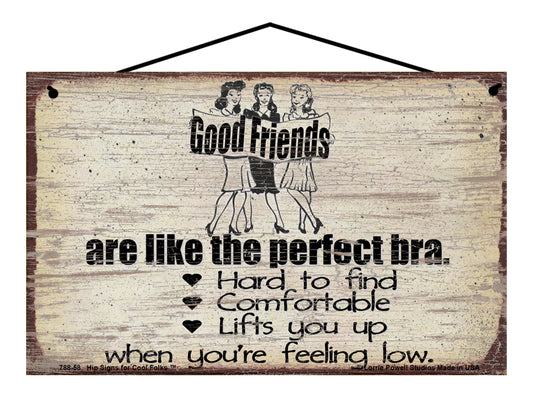 Good Friends Are Like The Perfect Bra: Hard to Find, Comfortable, Lifts You Up When You're Feeling Low - Vintage Style Sign