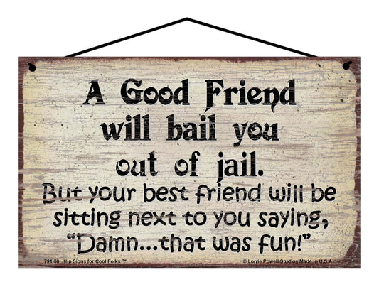 A Good Friend Will Bail You Out Of Jail But Your Best Friend Will Be Sitting Next To You Saying Damn That Was Fun! - Vintage Style Sign