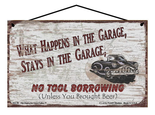 What Happens in the Garage Stays in the Garage No Tool Borrowing Unless You Brought Beer (Car) - Vintage Style Sign