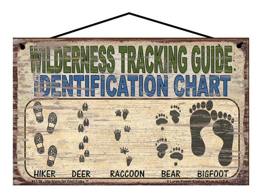 Wilderness Tracking Guide Identification Chart - Hiker Deer Raccoon Bear Bigfoot Footprints - Vintage Style Sign